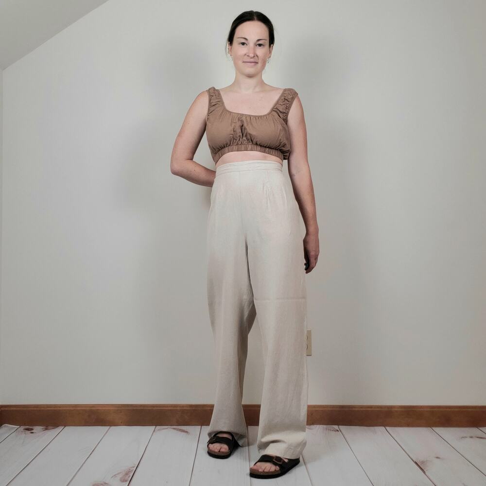 Vintage 80s 90s Oat Tan High Rise Cotton Linen Straight Leg Trouser Womens L/XL